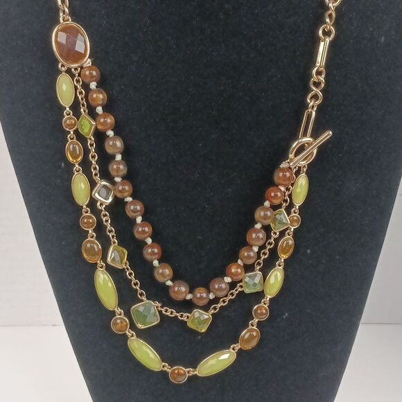 Women's Multi-Strand Necklace in Brown Gold And Green Glass  Resin Boho Chic - Picture 2 of 8